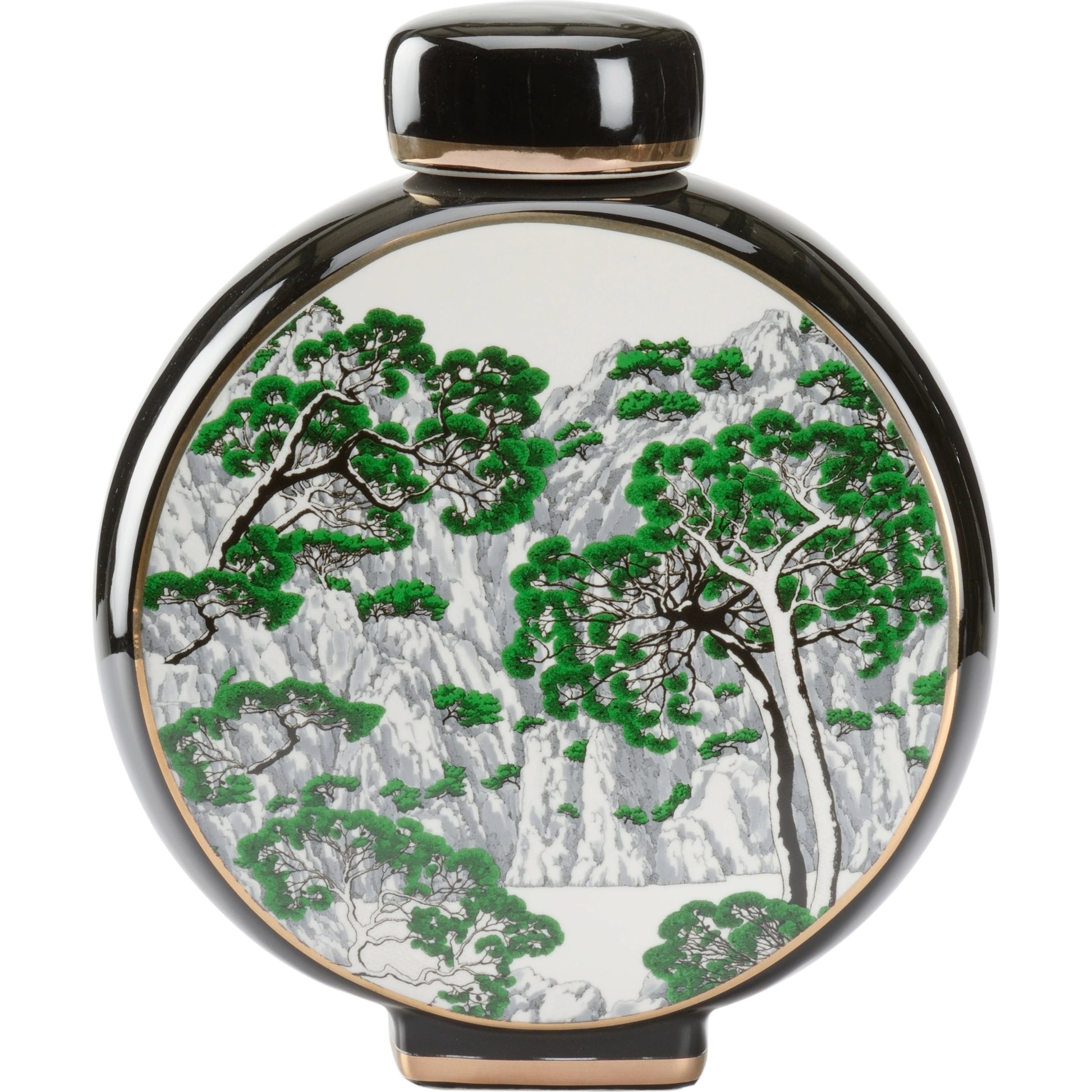 Matsu Vase by Wildwood in black, white glaze, green decal, gold. Made from porcelain in a transitional style.