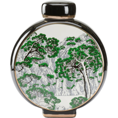 Matsu Vase by Wildwood in black, white glaze, green decal, gold. Made from porcelain in a transitional style.