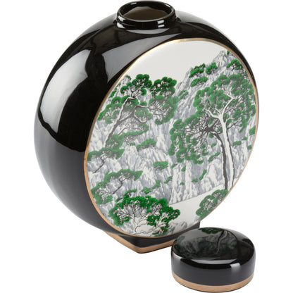 Matsu Vase by Wildwood in black, white glaze, green decal, gold. Made from porcelain in a transitional style.