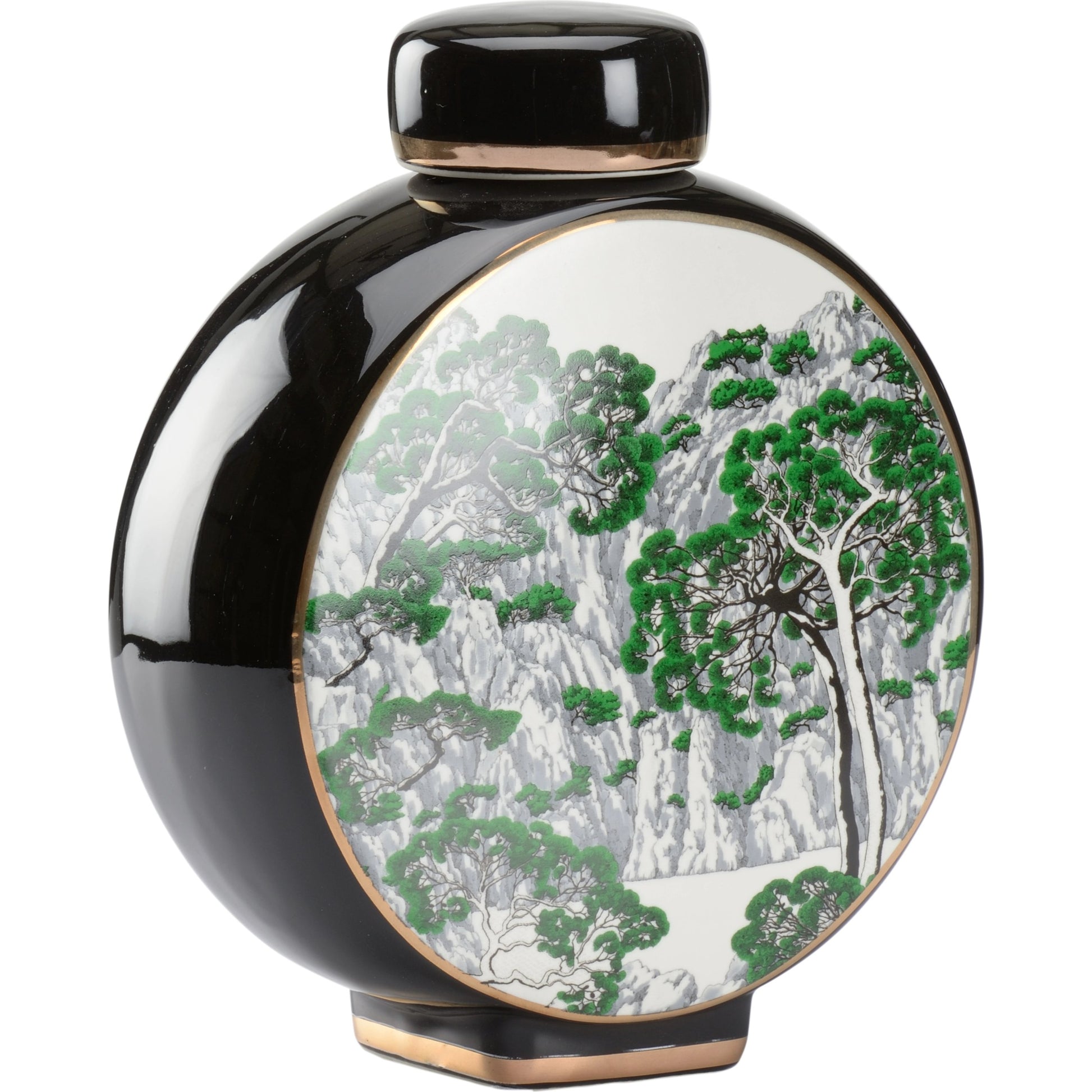 Matsu Vase by Wildwood in black, white glaze, green decal, gold. Made from porcelain in a transitional style.