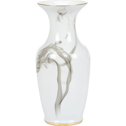 White Cinder and Smoke Vase by Wildwood in white glaze, smoke decal, gold trim. Made from porcelain in a modern style.
