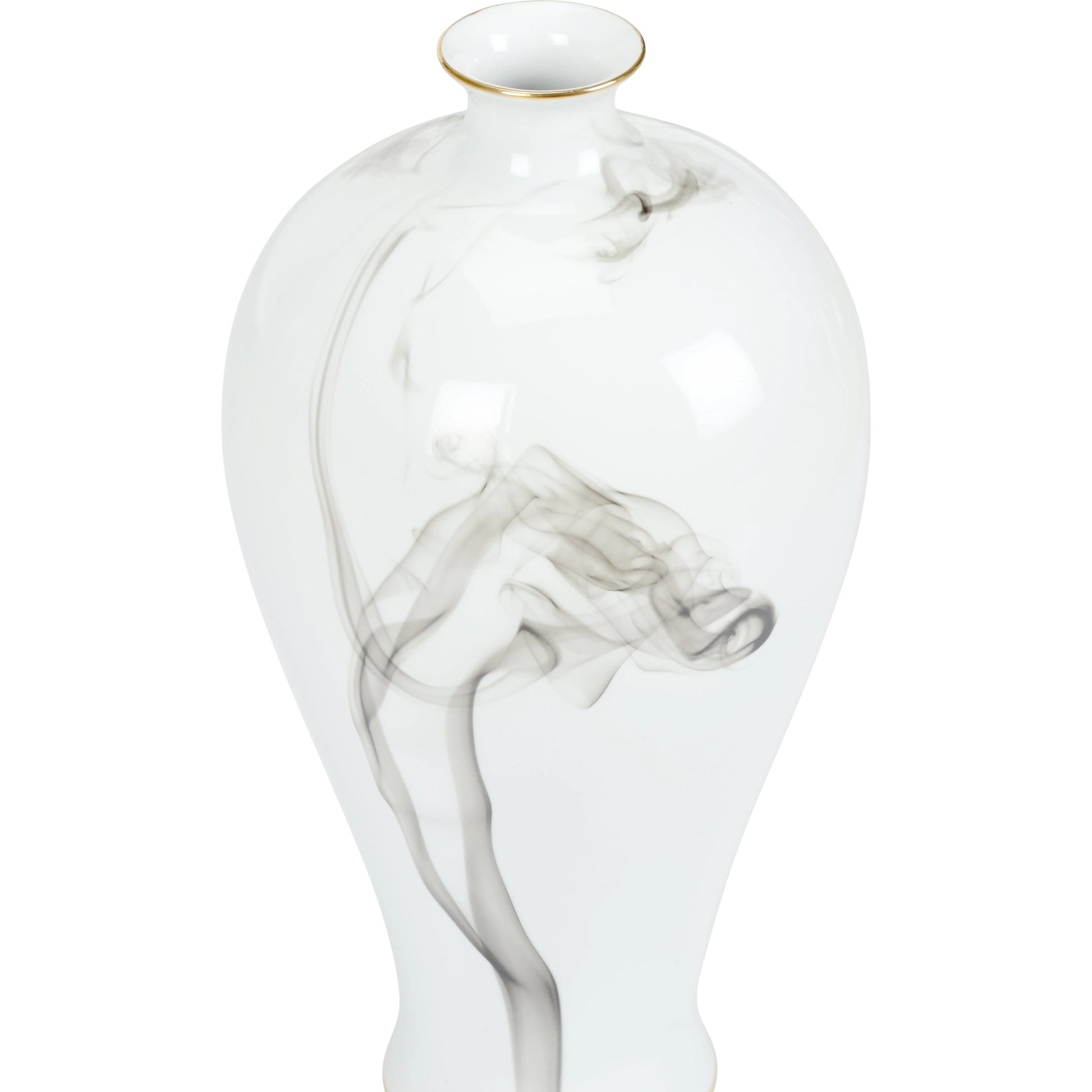 White Cinder and Smoke Vase by Wildwood in white glaze, smoke decal, gold trim. Made from porcelain in a modern style.