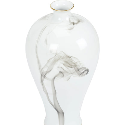 White Cinder and Smoke Vase by Wildwood in white glaze, smoke decal, gold trim. Made from porcelain in a modern style.
