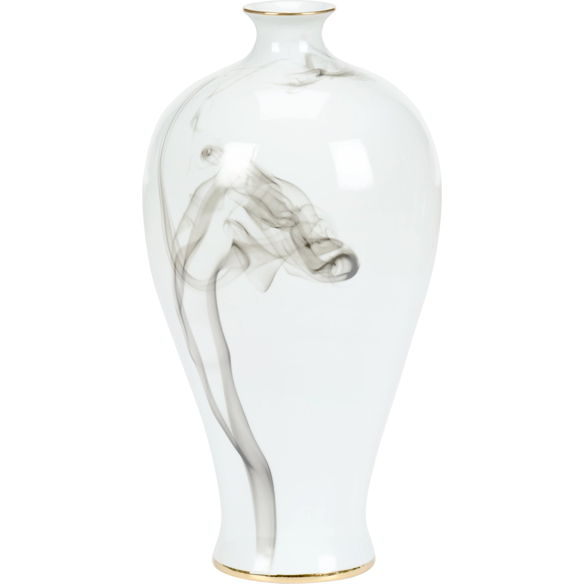 White Cinder and Smoke Vase by Wildwood in white glaze, smoke decal, gold trim. Made from porcelain in a modern style.