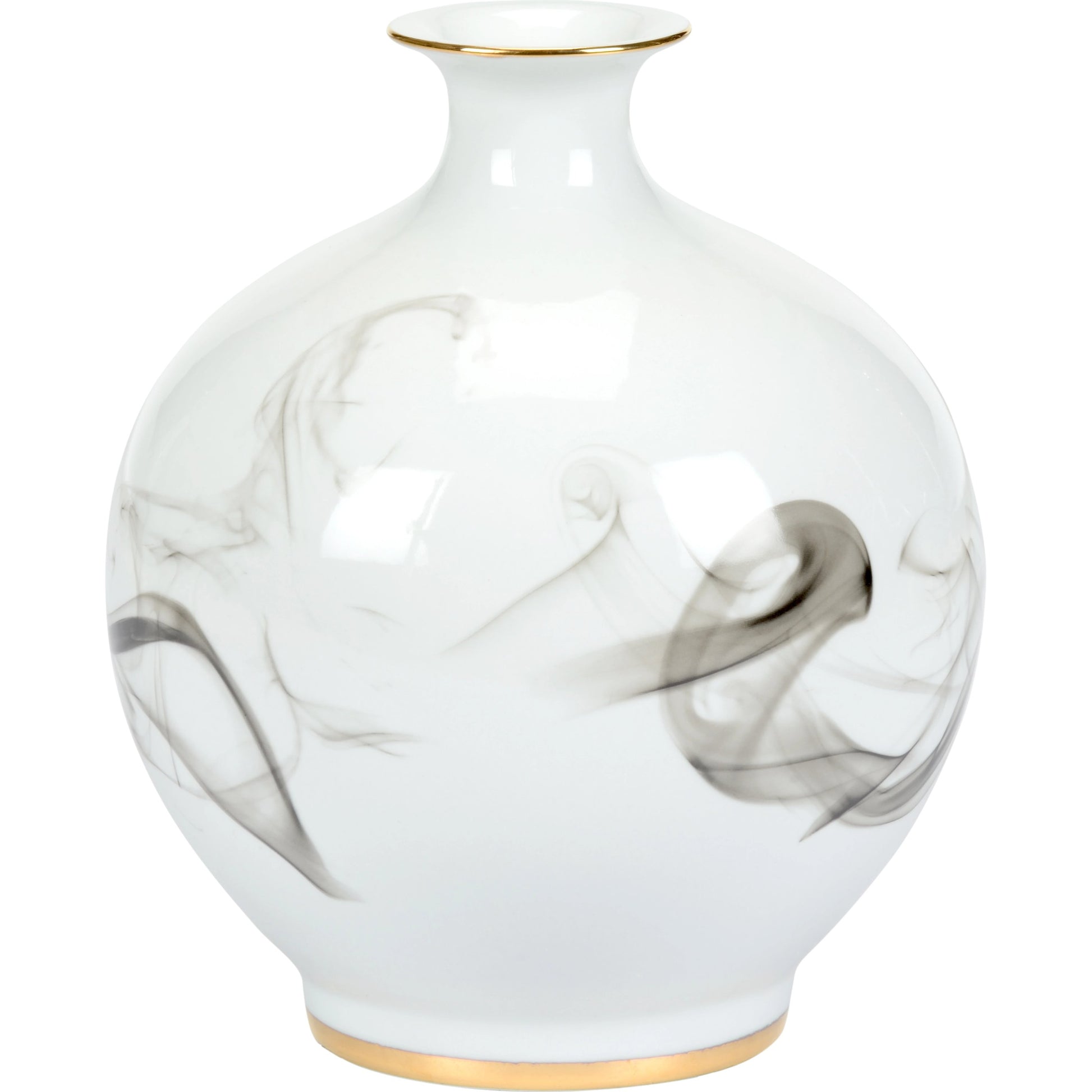 White Cinder and Smoke Vase by Wildwood in white glaze, smoke decal, gold trim. Made from porcelain in a modern style.