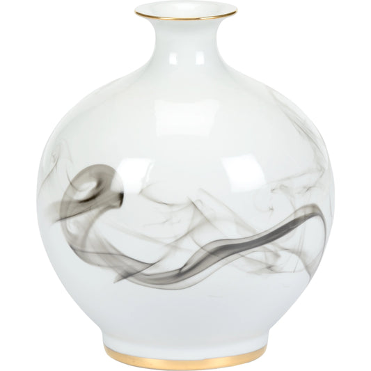 White Cinder and Smoke Vase by Wildwood in white, black, gold. Made from porcelain in a modern style.