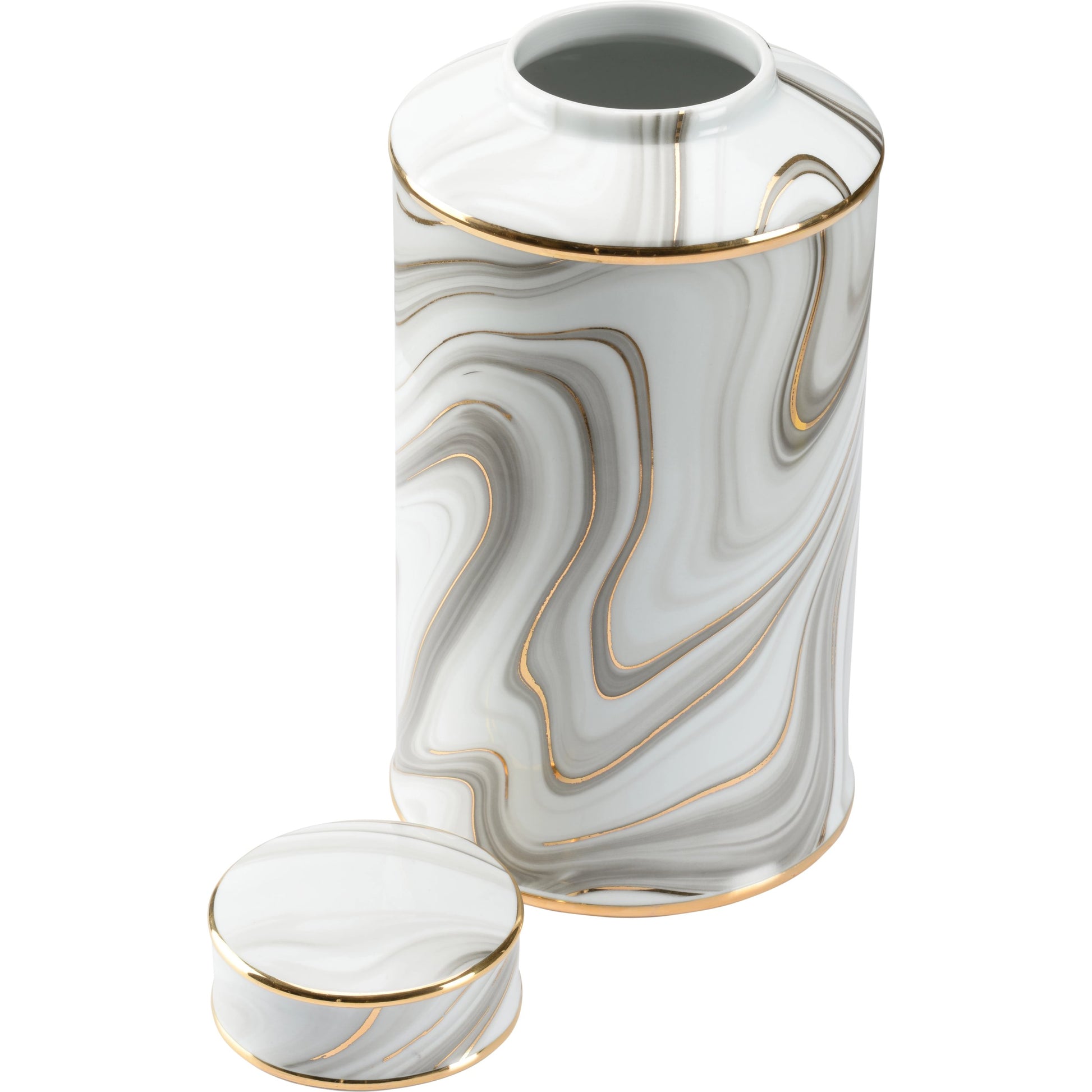 Golden Smoke Canister by Wildwood in white glaze, smoke decal, gold. Made from porcelain in a modern style.
