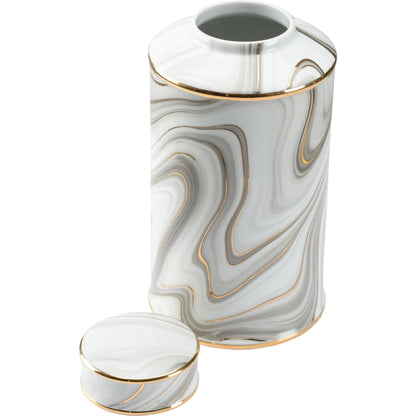 Golden Smoke Canister by Wildwood in white glaze, smoke decal, gold. Made from porcelain in a modern style.