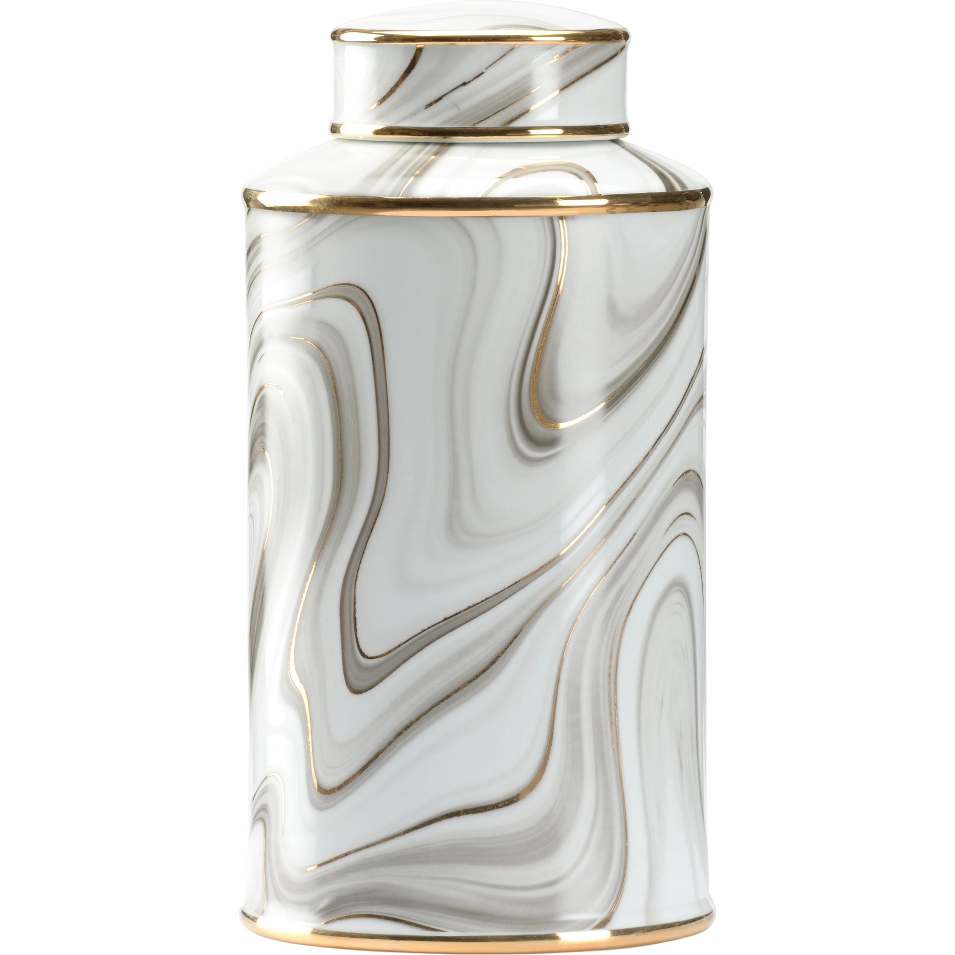 Golden Smoke Canister by Wildwood in white glaze, smoke decal, gold. Made from porcelain in a modern style.