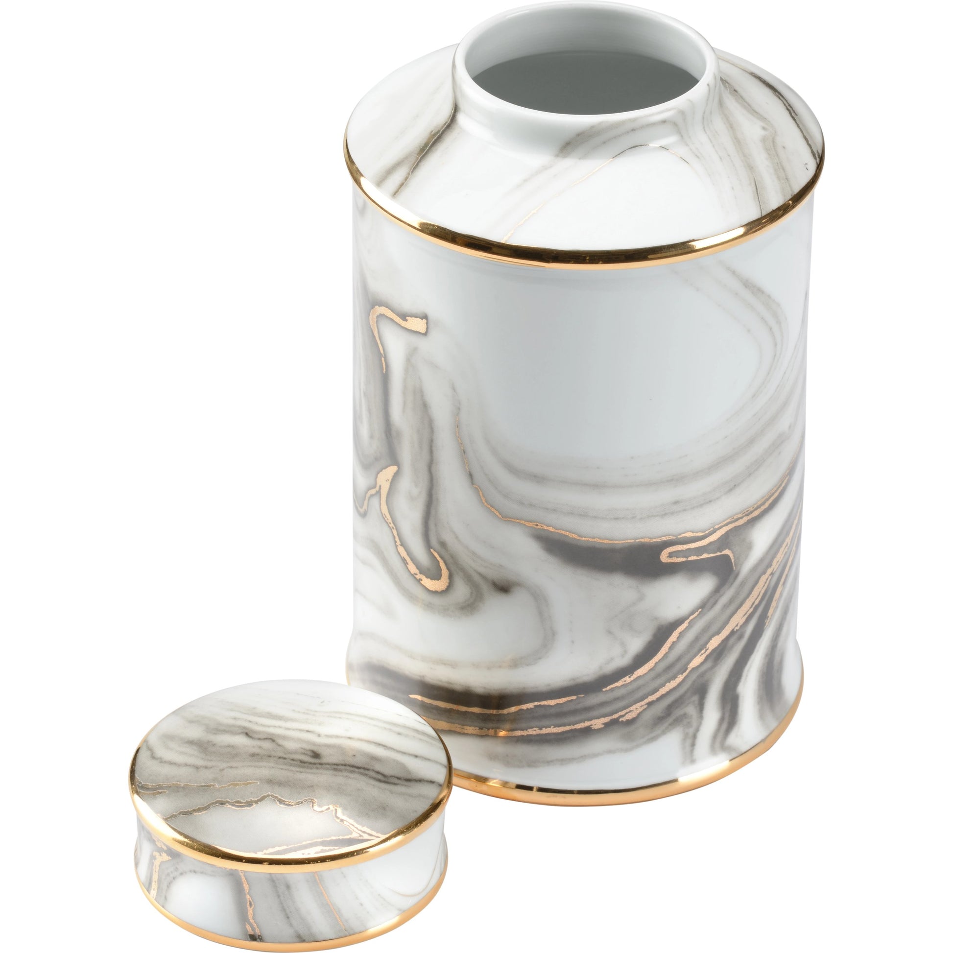 Golden Smoke Canister by Wildwood in white glaze, smoke decal, gold. Made from porcelain in a modern style.