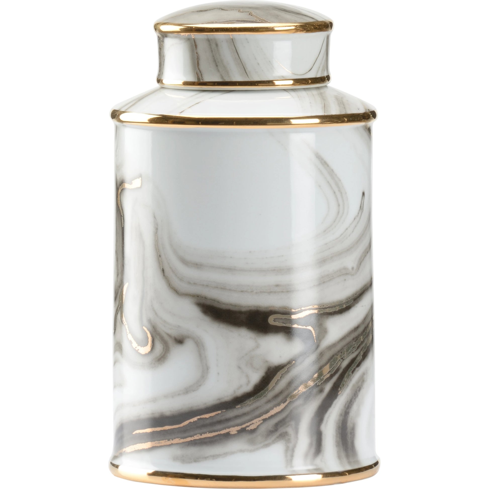 Golden Smoke Canister by Wildwood in white glaze, smoke decal, gold. Made from porcelain in a modern style.