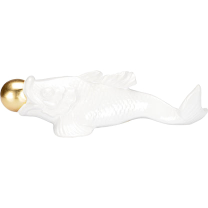 Imperial Koi by Wildwood in white glaze, gold leaf. Made from ceramic in a modern style.