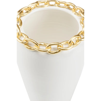 Shackleford Vase by Wildwood in white glaze, gold leaf. Made from ceramic in a modern style.