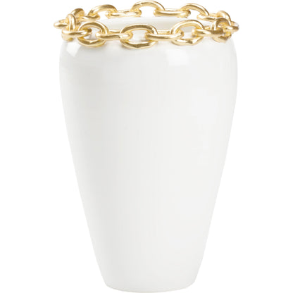 Shackleford Vase by Wildwood in white glaze, gold leaf. Made from ceramic in a modern style.