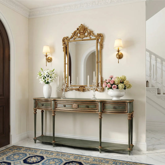 Peyton Console Table by Butler Specialty Company in pastel green and royal pastel green. Made from rubberwood, mdf, cherry veneer, resin in a unique style.