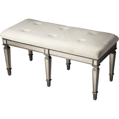 Celeste Mirrored Bench by Butler Specialty Company in silver and mirror. Made from poplar hardwood solids, mdf, antique mirrored glass, cotton, urethane foam in a traditional style.