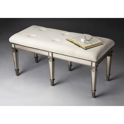 Celeste Mirrored Bench by Butler Specialty Company in silver and mirror. Made from poplar hardwood solids, mdf, antique mirrored glass, cotton, urethane foam in a traditional style.
