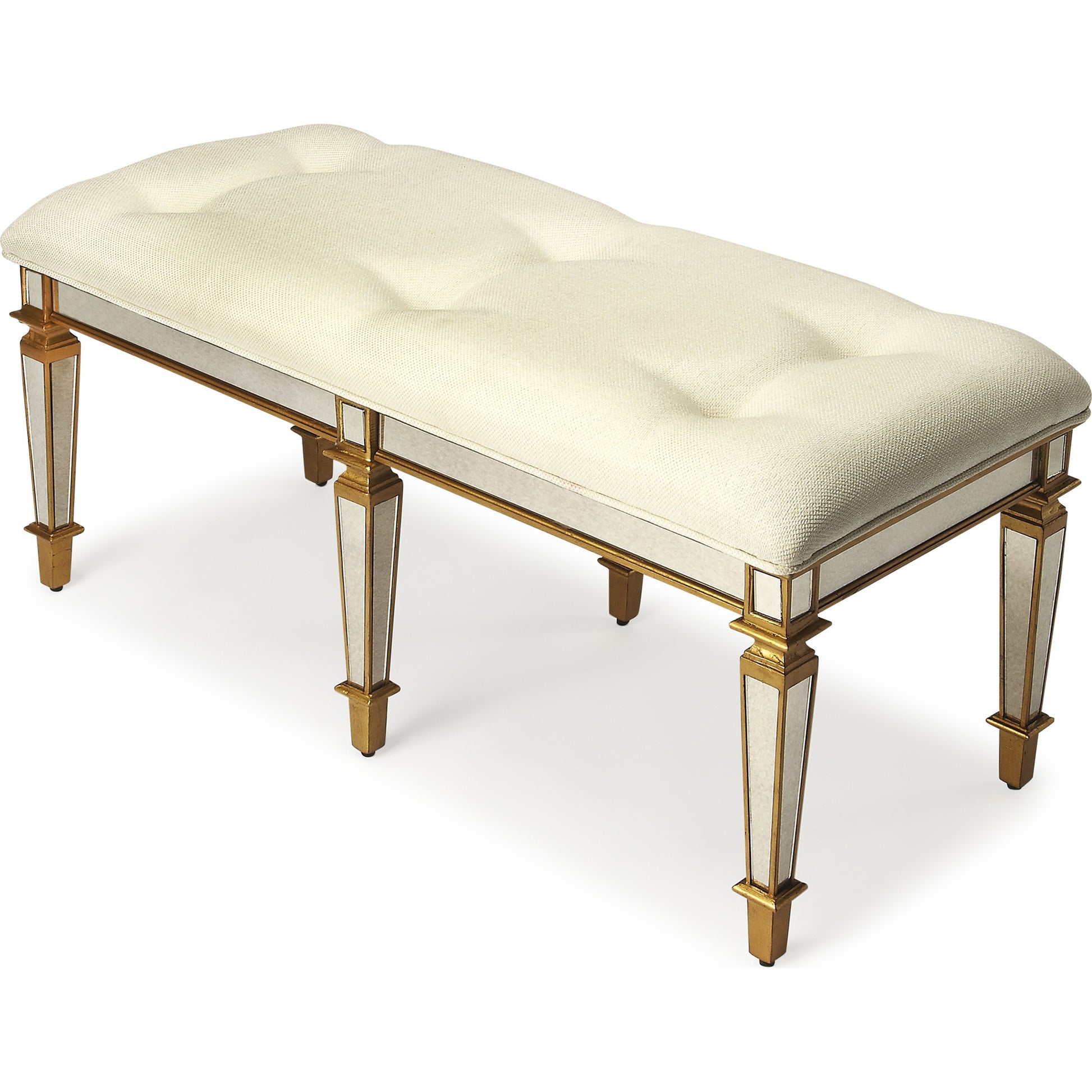 Celeste Mirrored Bench by Butler Specialty Company in silver and mirror. Made from poplar hardwood solids, mdf, antique mirrored glass, cotton, urethane foam in a traditional style.