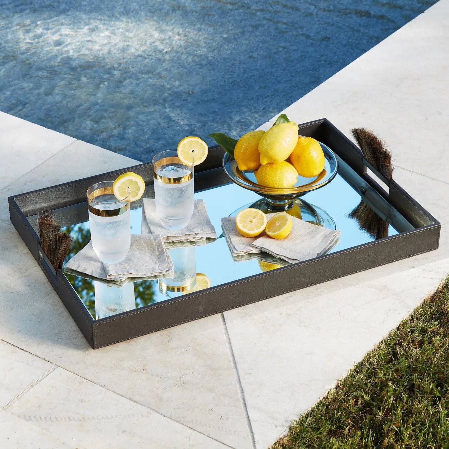 009 SI-2446450 | Lifestyle | Harrington Tray by Global Views. Made from mdf, brass, horse hair, mirror, leather cladding in a traditional style.