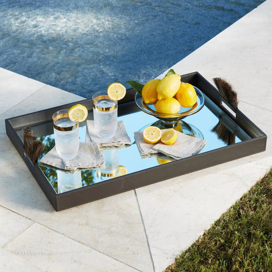 Harrington Tray by Global Views. Made from mdf, brass, horse hair, mirror, leather cladding in a traditional style.
