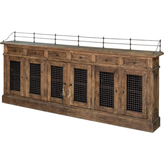 Narrow Sideboard by Sarreid Ltd. in brown and faux keyhole escutcheon. Made from wood, iron in a cottage & farmhouse style.