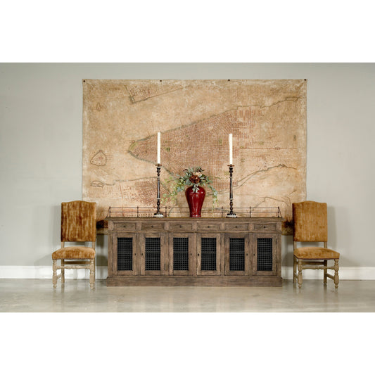 Narrow Sideboard by Sarreid Ltd. in brown and faux keyhole escutcheon. Made from wood, iron in a cottage & farmhouse style.