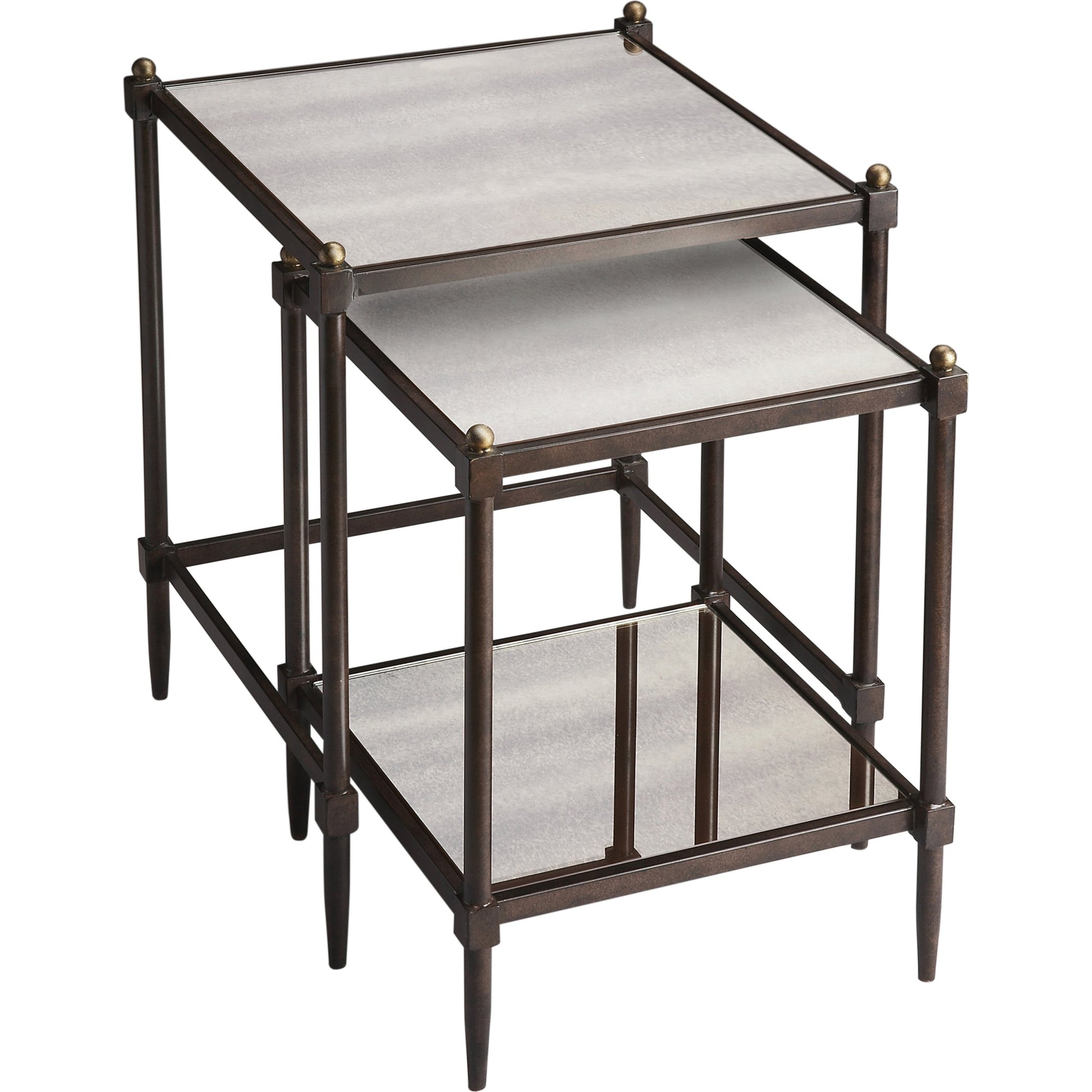 Peninsula Nesting Side Tables by Butler Specialty Company in gray and metalworks. Made from tubular steel, mirrored glass in a modern style.