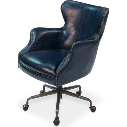 Nevill Office Chair by Sarreid Ltd. in navy and chateau blue. Made from leather, metal in a traditional style.