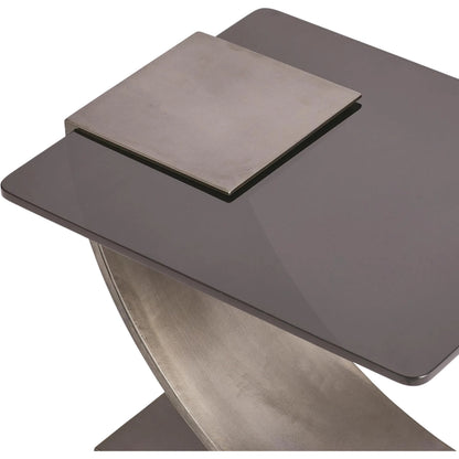 Side Table with Smoke Glass by Global Views in light gunmetal. Made from iron, smoked glass in a modern style.