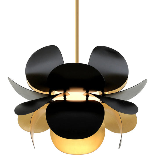 Ginger Chandelier by Corbett in gold leaf, black. Made from hand crafted iron in a modern style.