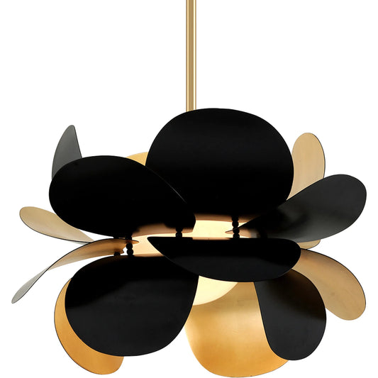 Ginger Chandelier by Corbett in gold leaf, black. Made from hand crafted iron in a modern style.
