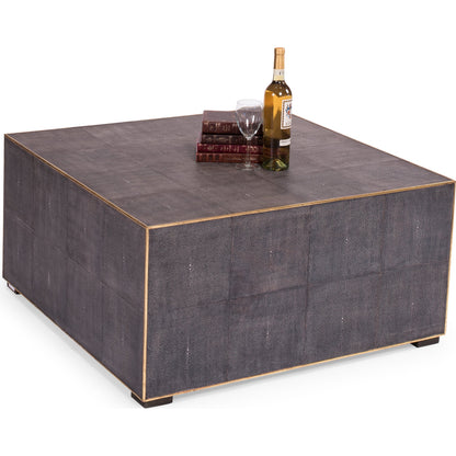 Midnight Coffee Table by Sarreid Ltd. in gray and gold leather trim. Made from wood, leather in a modern style.