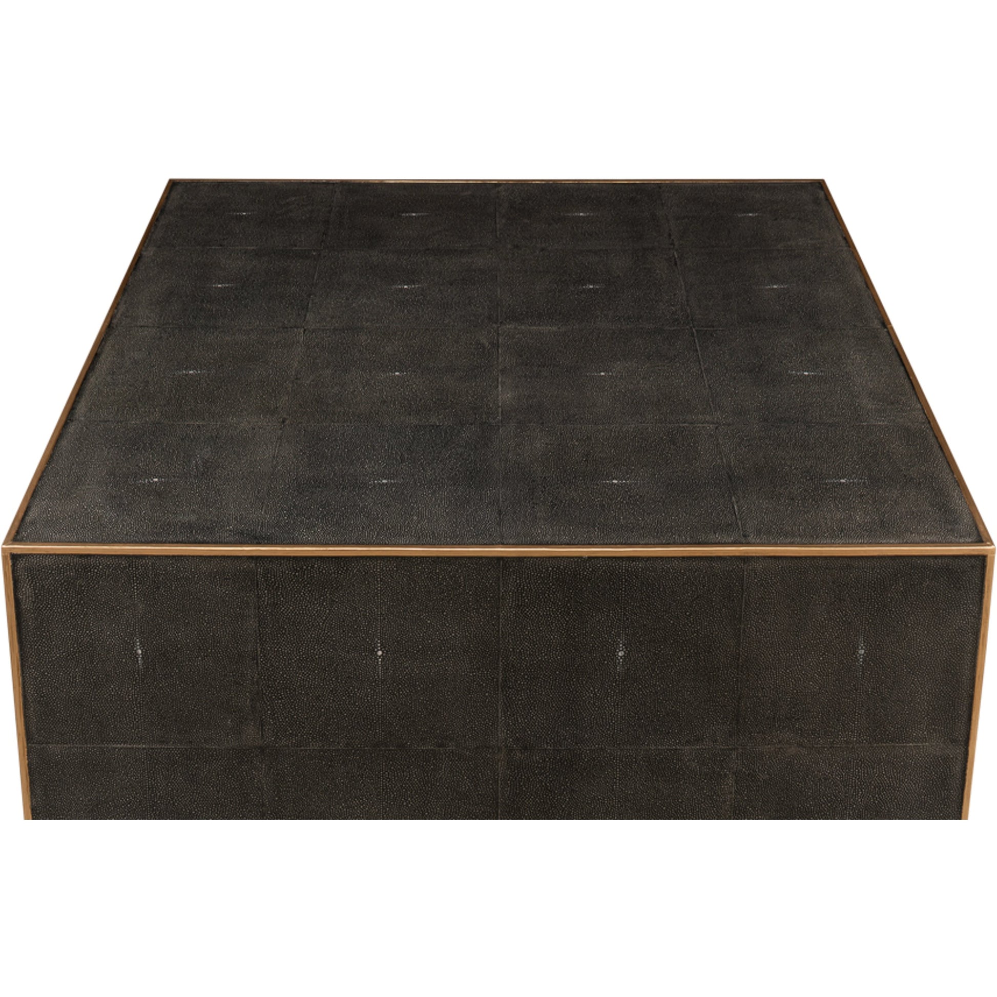 Midnight Coffee Table by Sarreid Ltd. in gray and gold leather trim. Made from wood, leather in a modern style.