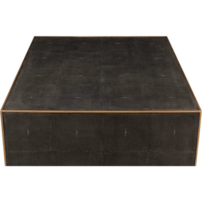 Midnight Coffee Table by Sarreid Ltd. in gray and gold leather trim. Made from wood, leather in a modern style.