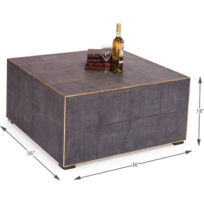 Midnight Coffee Table by Sarreid Ltd. in gray and gold leather trim. Made from wood, leather in a modern style.