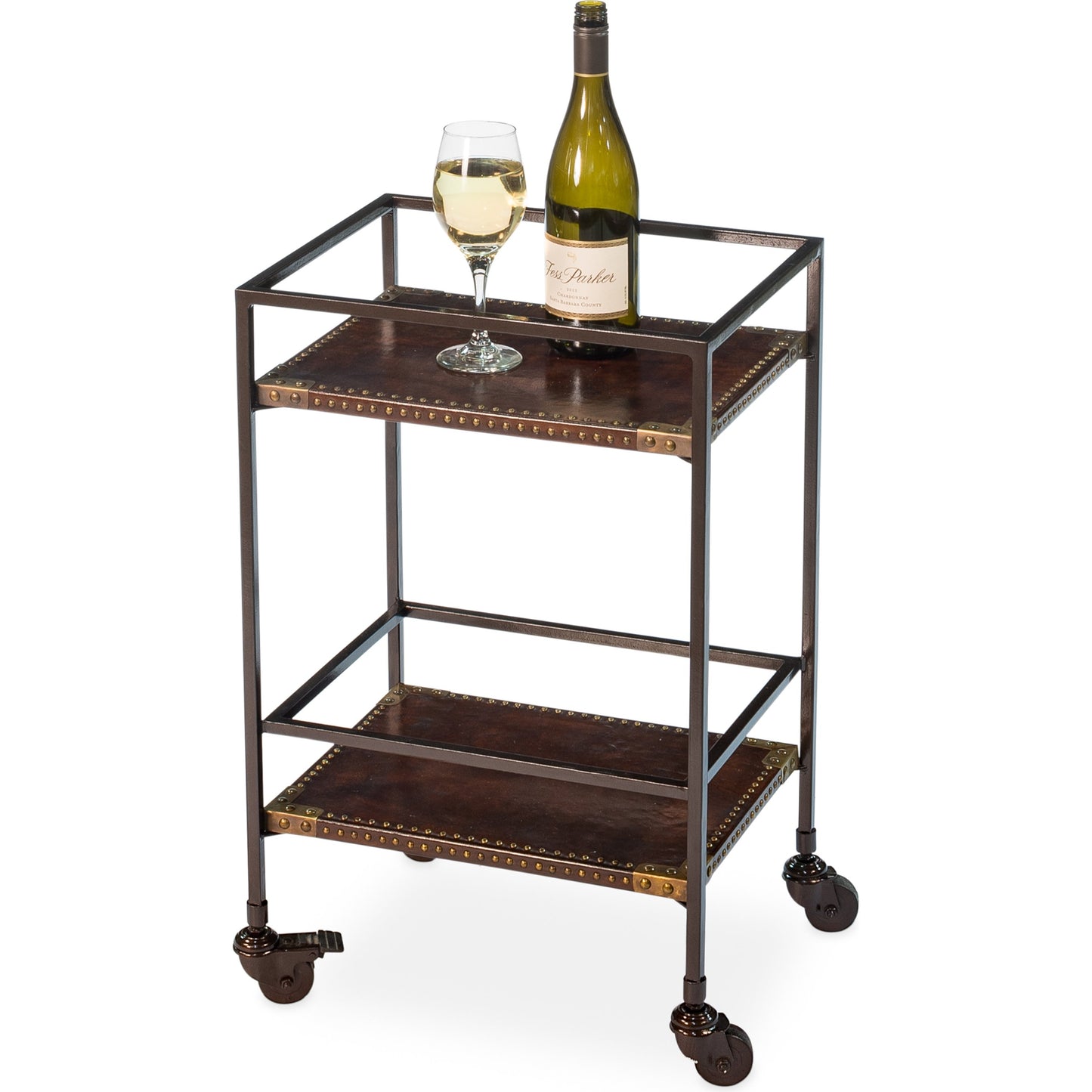 002 S-243193 | Additional Silo | Industrial Bar Trolley by Sarreid Ltd. in bronze and brass casters. Made from leather, metal in a cottage & farmhouse style.