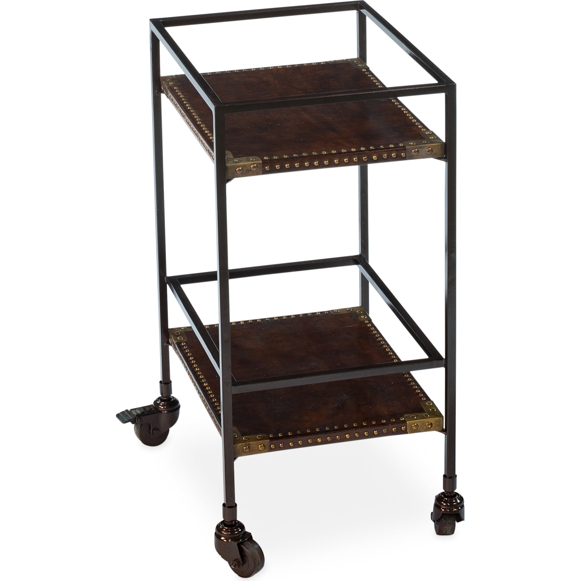Industrial Bar Trolley by Sarreid Ltd. in bronze and brass casters. Made from leather, metal in a cottage & farmhouse style.