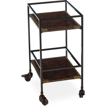 Industrial Bar Trolley by Sarreid Ltd. in bronze and brass casters. Made from leather, metal in a cottage & farmhouse style.
