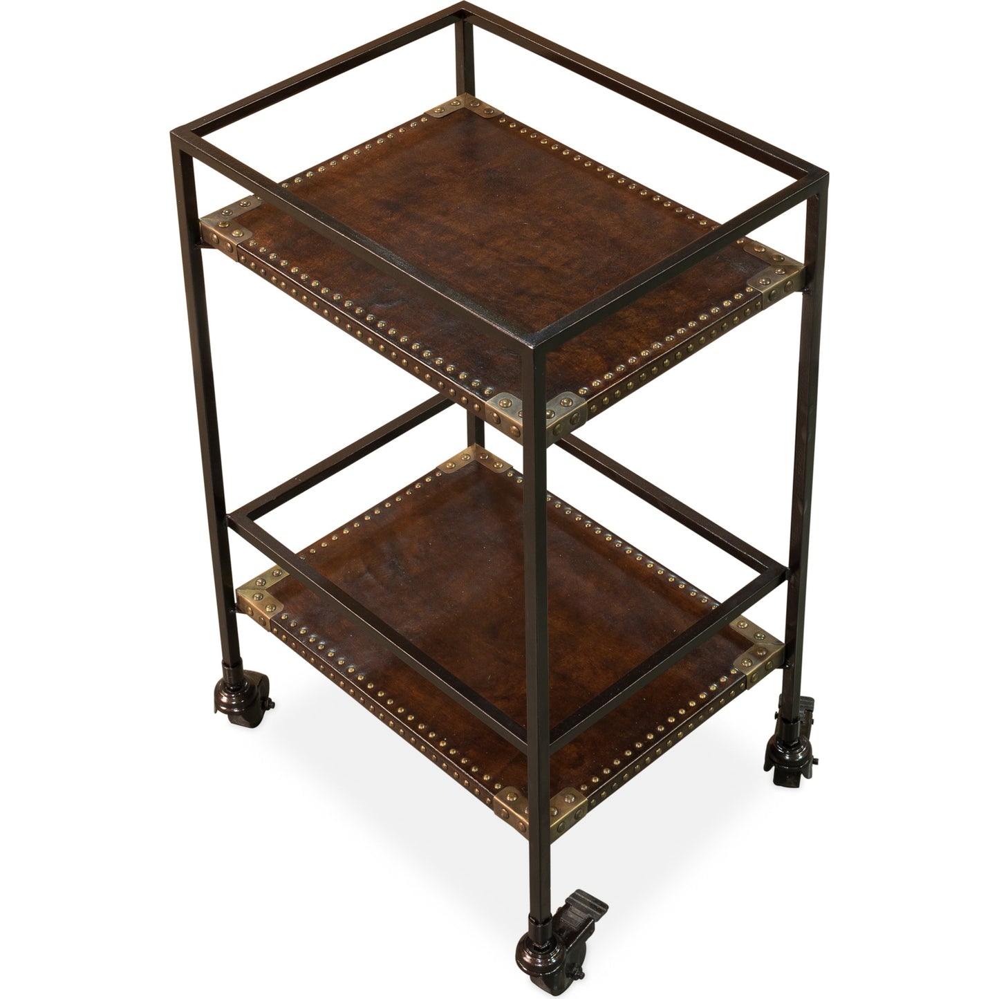 004 S-243193 | Additional Silo | Industrial Bar Trolley by Sarreid Ltd. in bronze and brass casters. Made from leather, metal in a cottage & farmhouse style.