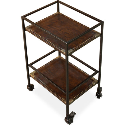 Industrial Bar Trolley by Sarreid Ltd. in bronze and brass casters. Made from leather, metal in a cottage & farmhouse style.