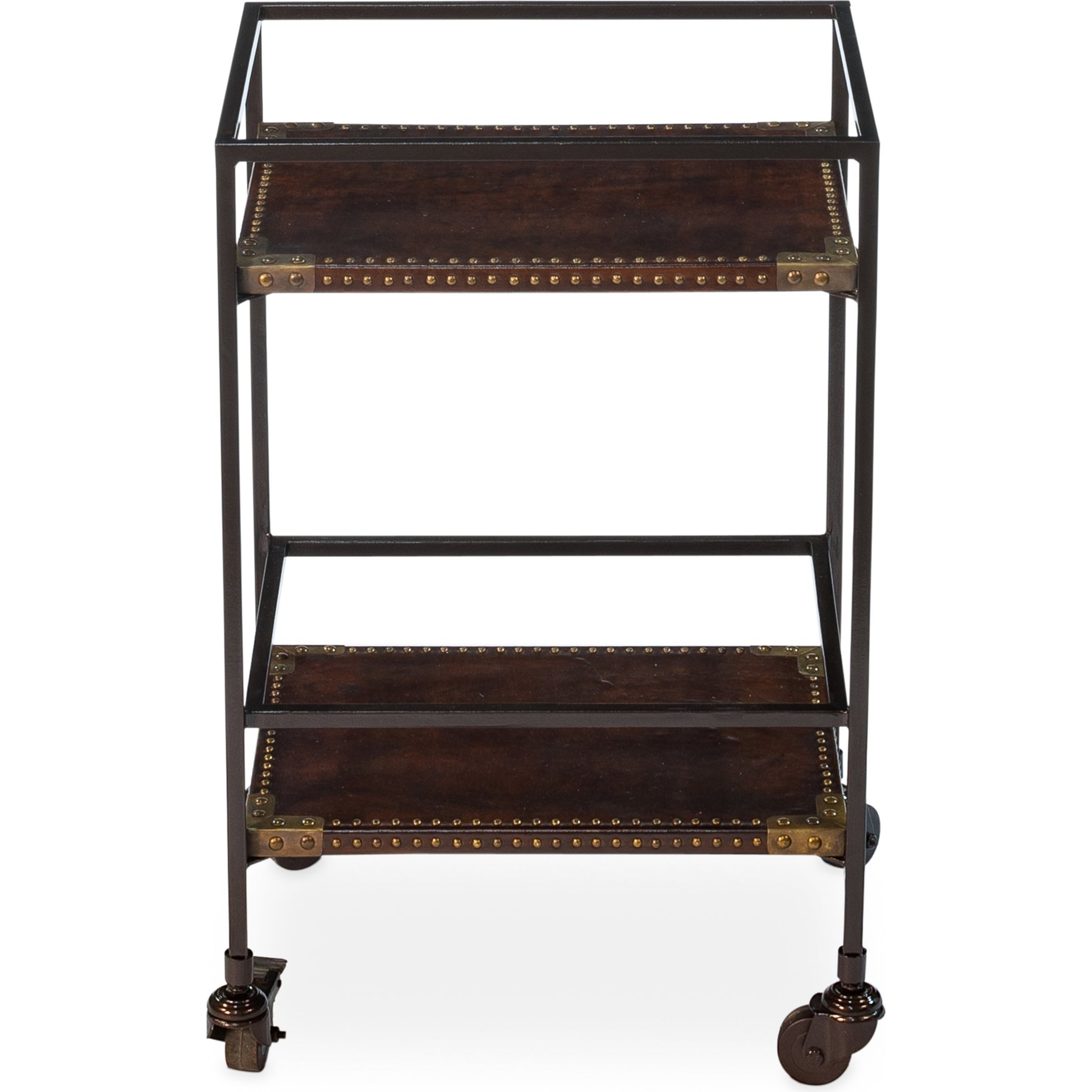 Industrial Bar Trolley by Sarreid Ltd. in bronze and brass casters. Made from leather, metal in a cottage & farmhouse style.