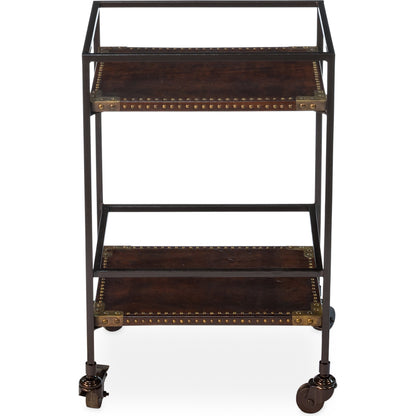 Industrial Bar Trolley by Sarreid Ltd. in bronze and brass casters. Made from leather, metal in a cottage & farmhouse style.