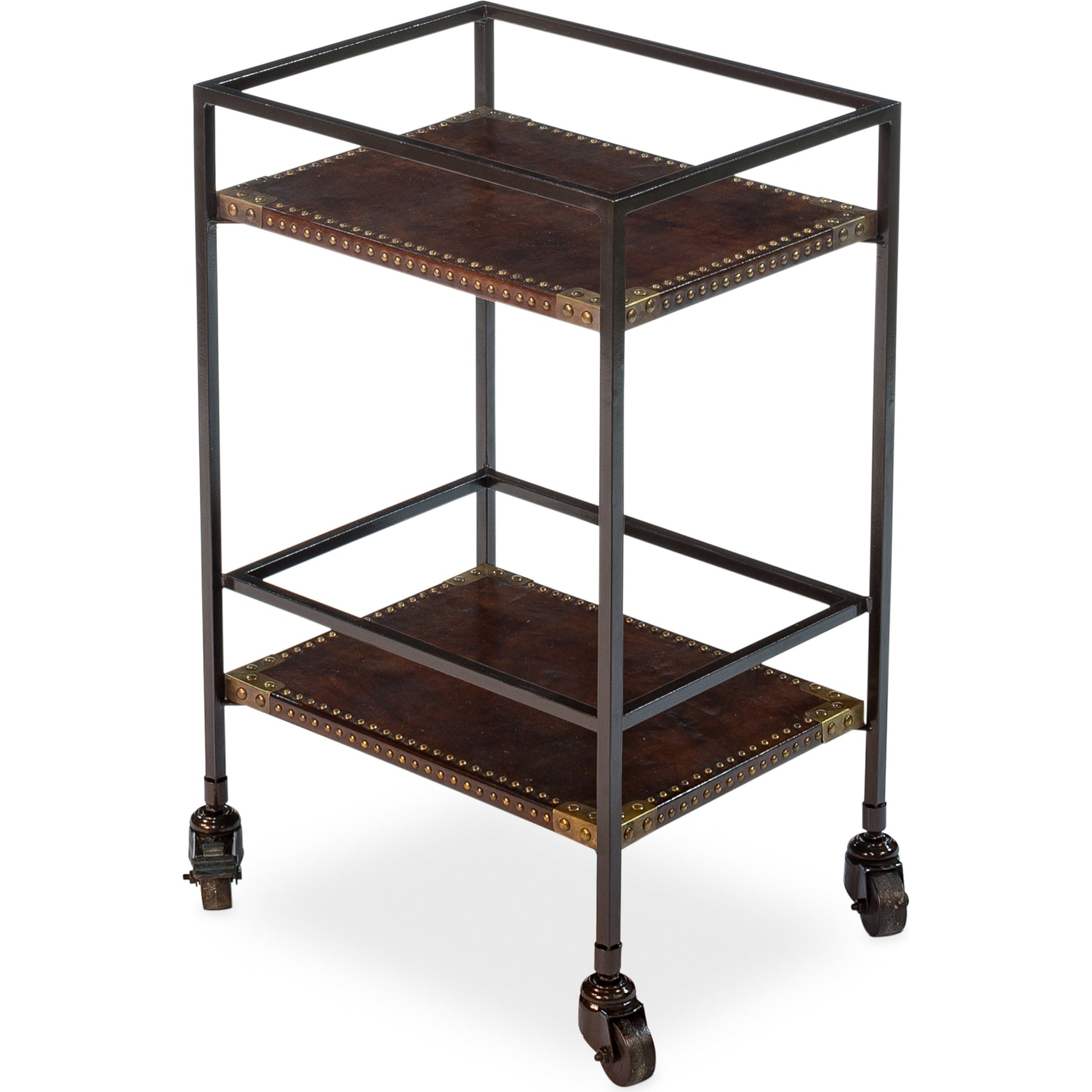 Industrial Bar Trolley by Sarreid Ltd. in bronze and brass casters. Made from leather, metal in a cottage & farmhouse style.