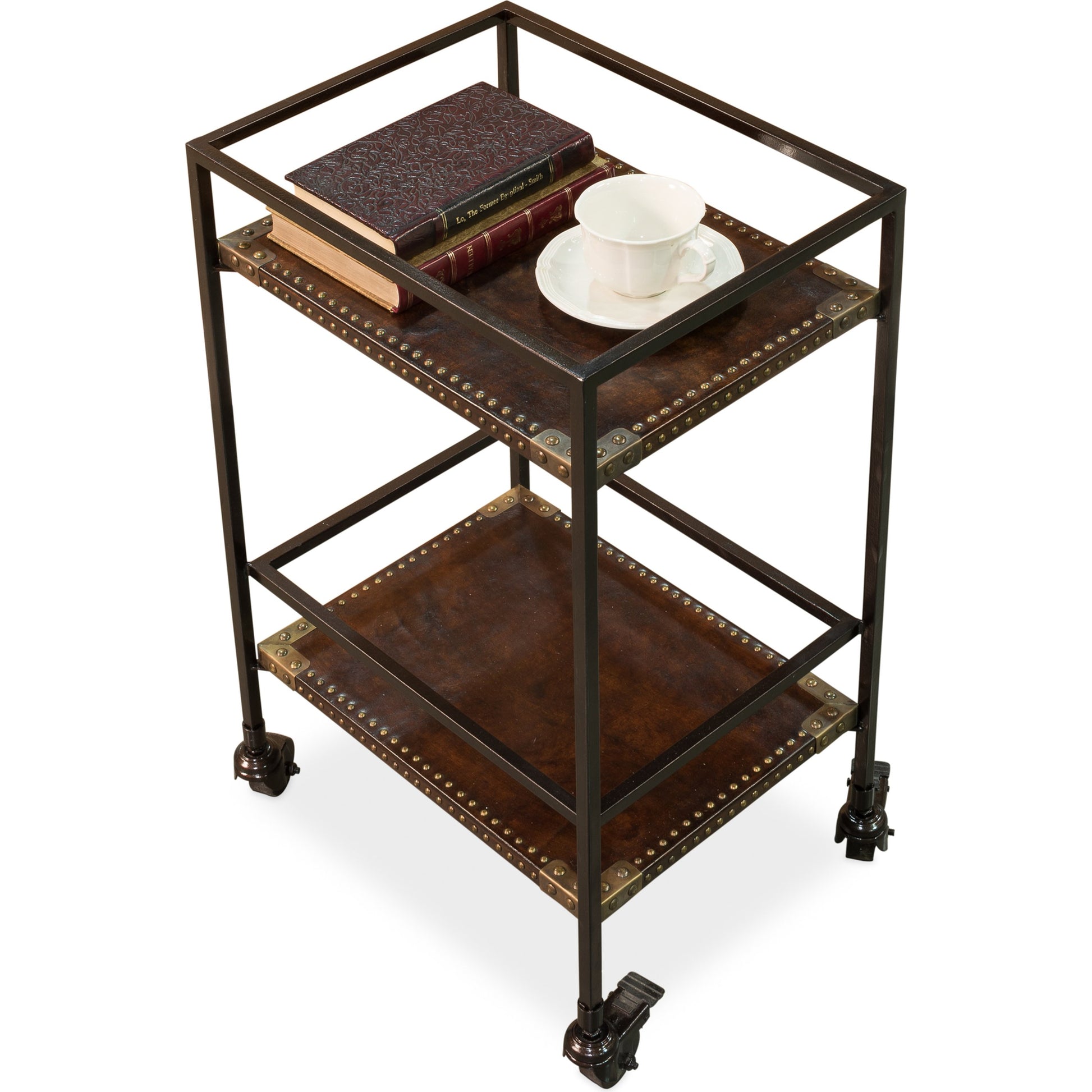 Industrial Bar Trolley by Sarreid Ltd. in bronze and brass casters. Made from leather, metal in a cottage & farmhouse style.