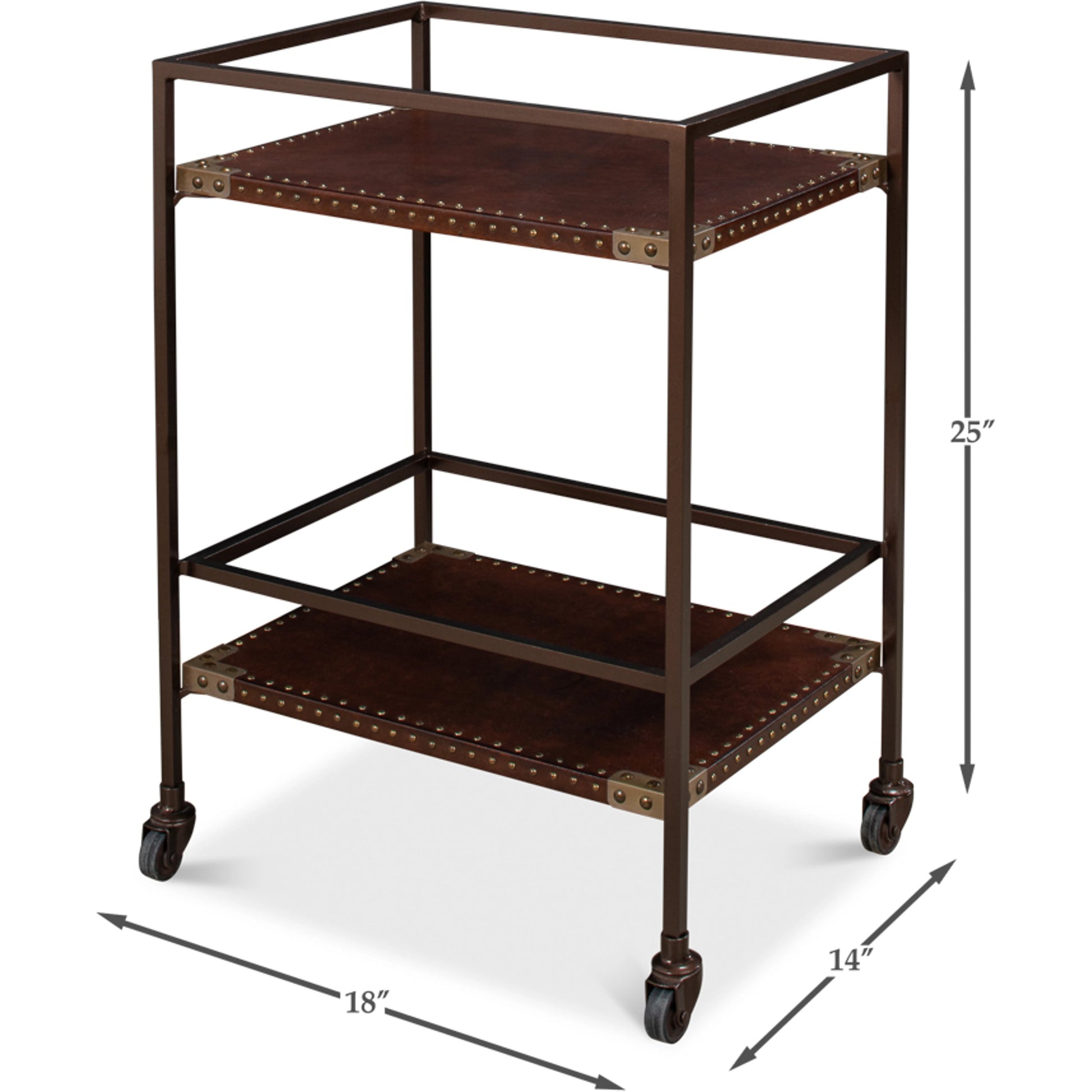 Industrial Bar Trolley by Sarreid Ltd. in bronze and brass casters. Made from leather, metal in a cottage & farmhouse style.