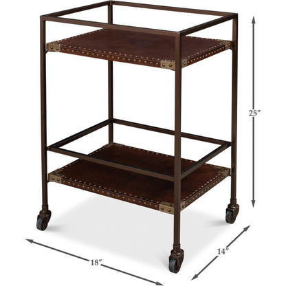 Industrial Bar Trolley by Sarreid Ltd. in bronze and brass casters. Made from leather, metal in a cottage & farmhouse style.