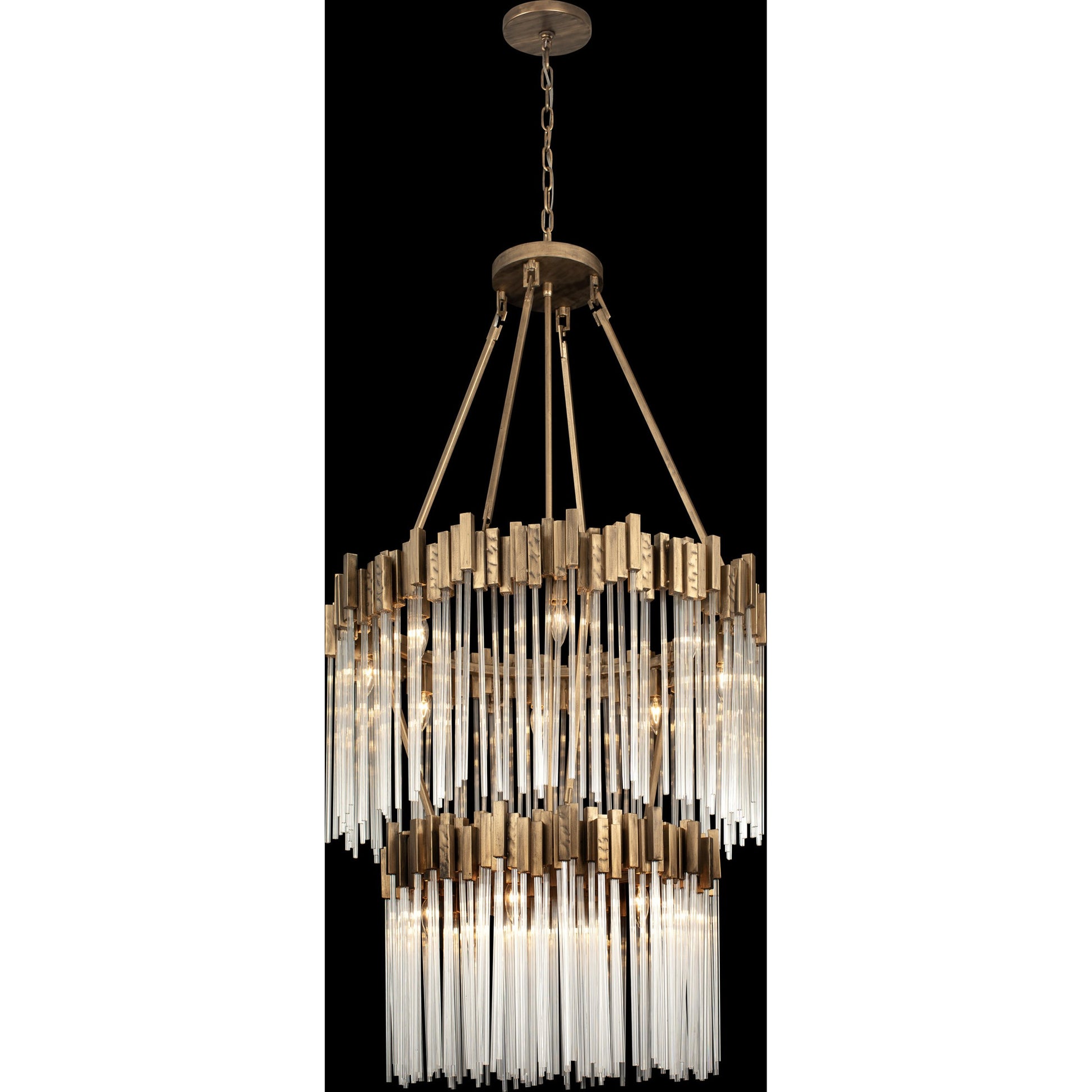 Matrix Chandelier by Varaluz in havana gold. Made from clear fluted glass in a transitional style.