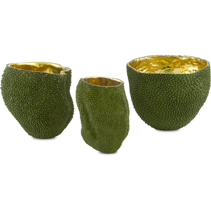 Jackfruit Vase by Currey and Company in green, gold. Made from bronze in a coastal style.