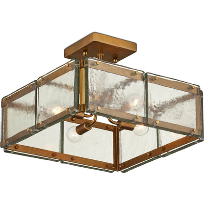 Countervail Square Semi-Flush Mount by Currey and Company in clear, antique brass. Made from cast glass, metal in a modern style.