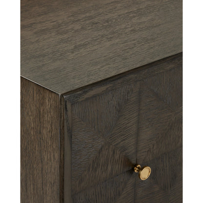 Kendall Credenza by Currey and Company in dove gray, polished brass. Made from oak solids, veneers, brass in a transitional style.